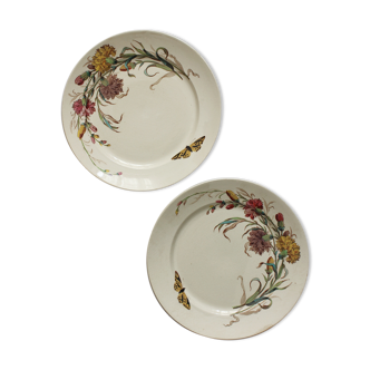 2 flat plates in polychrome iron earth Carnations, Gien gold medals, early 20th century