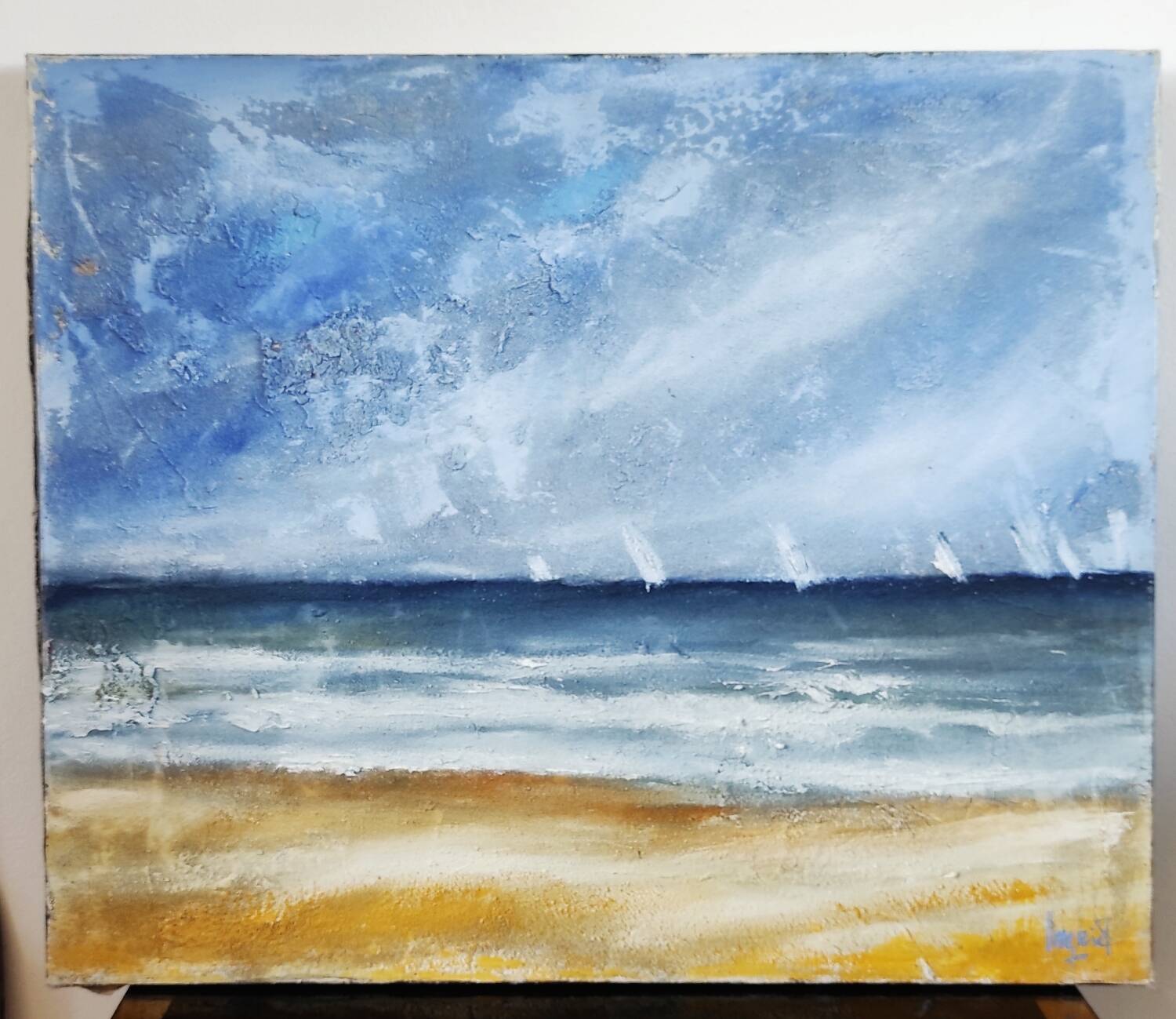 Vintage painting "Stormy Sky & Sailboats" – Signed canvas painting