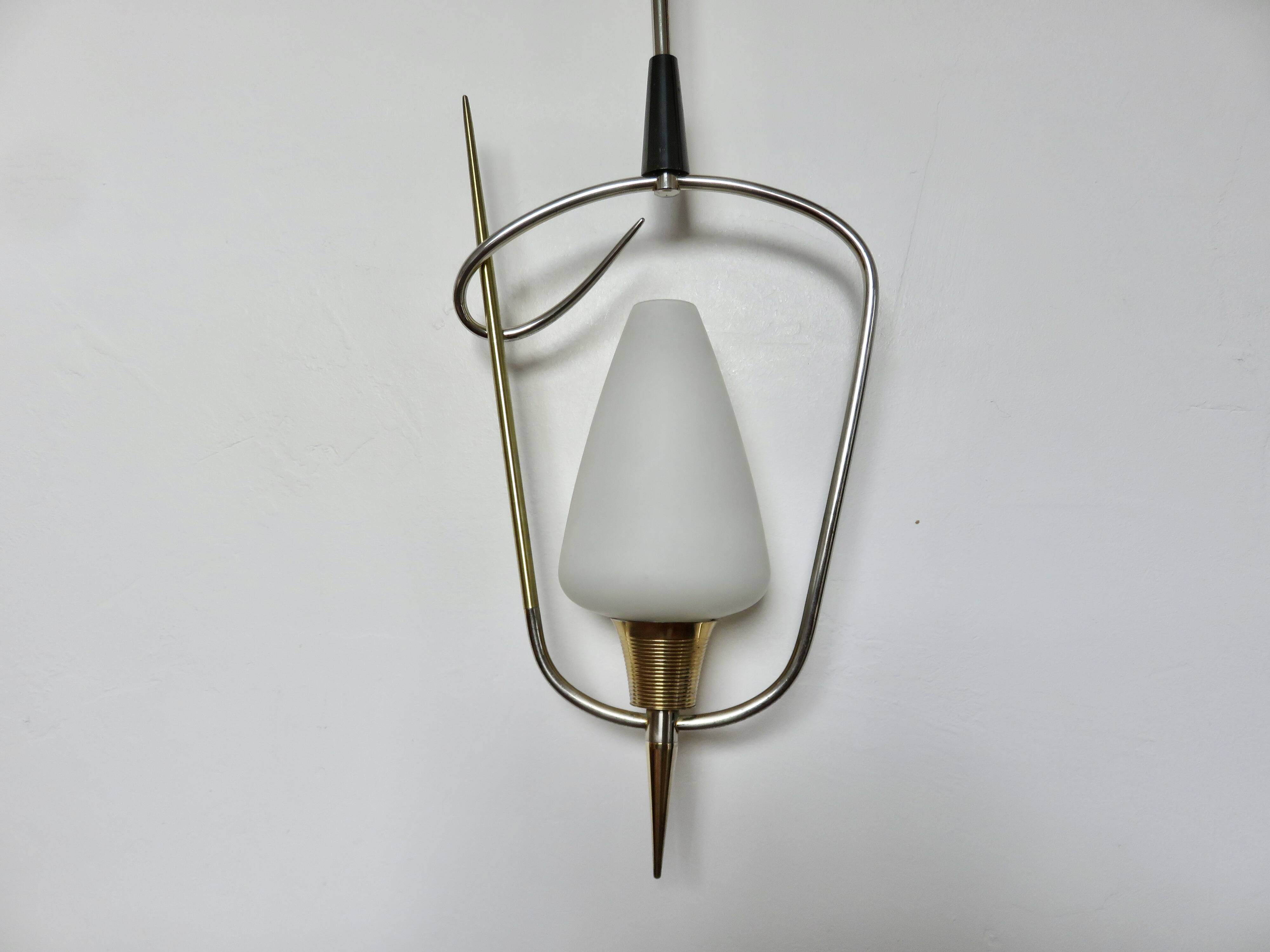 Arlus chandelier/pendant light, opaline glass and brass, 1950s or 60s, vintage