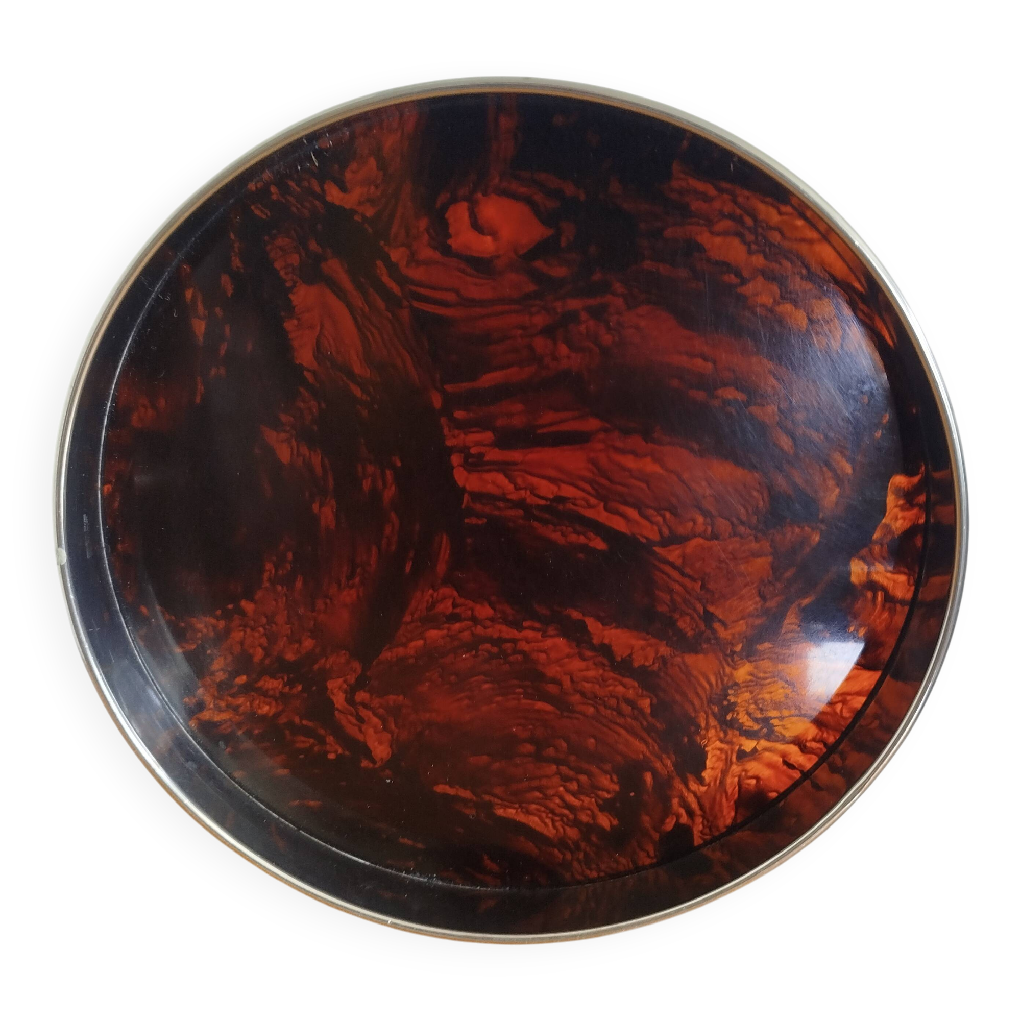 Round vintage Guzzini Lucite tortoiseshell platter 1970s Italian design