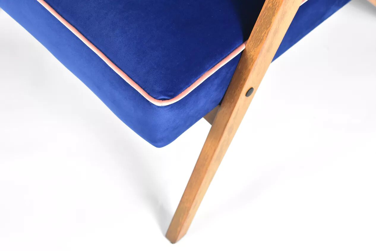 Fauteuil vintage B310 VAR "Compas", Pologne, super restauré, années 1960, velours bleu et rose.