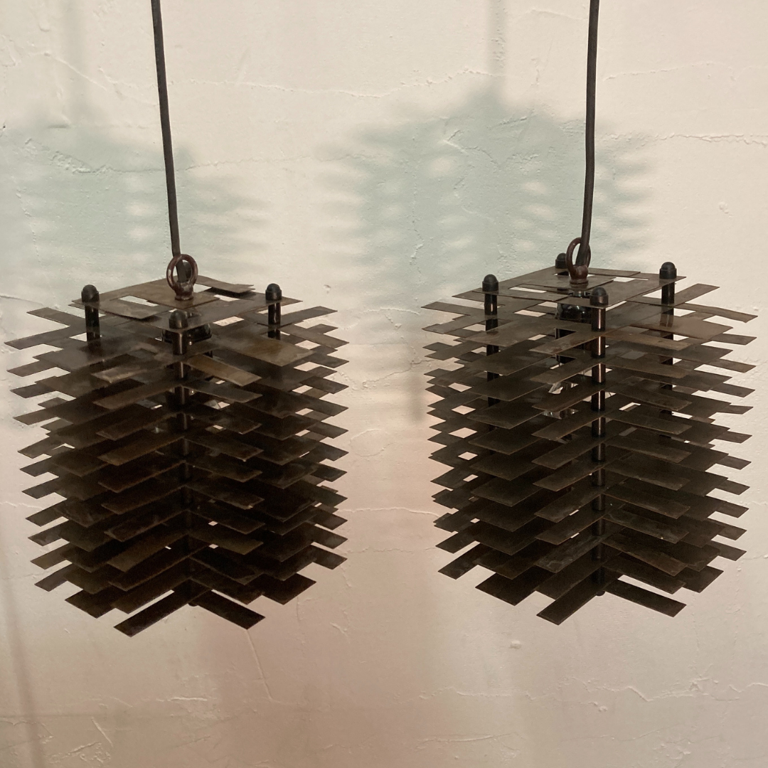 Pair modernist brutalist copper metal architectural hanging lamps, France
