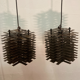 Pair modernist brutalist copper metal architectural hanging lamps, France