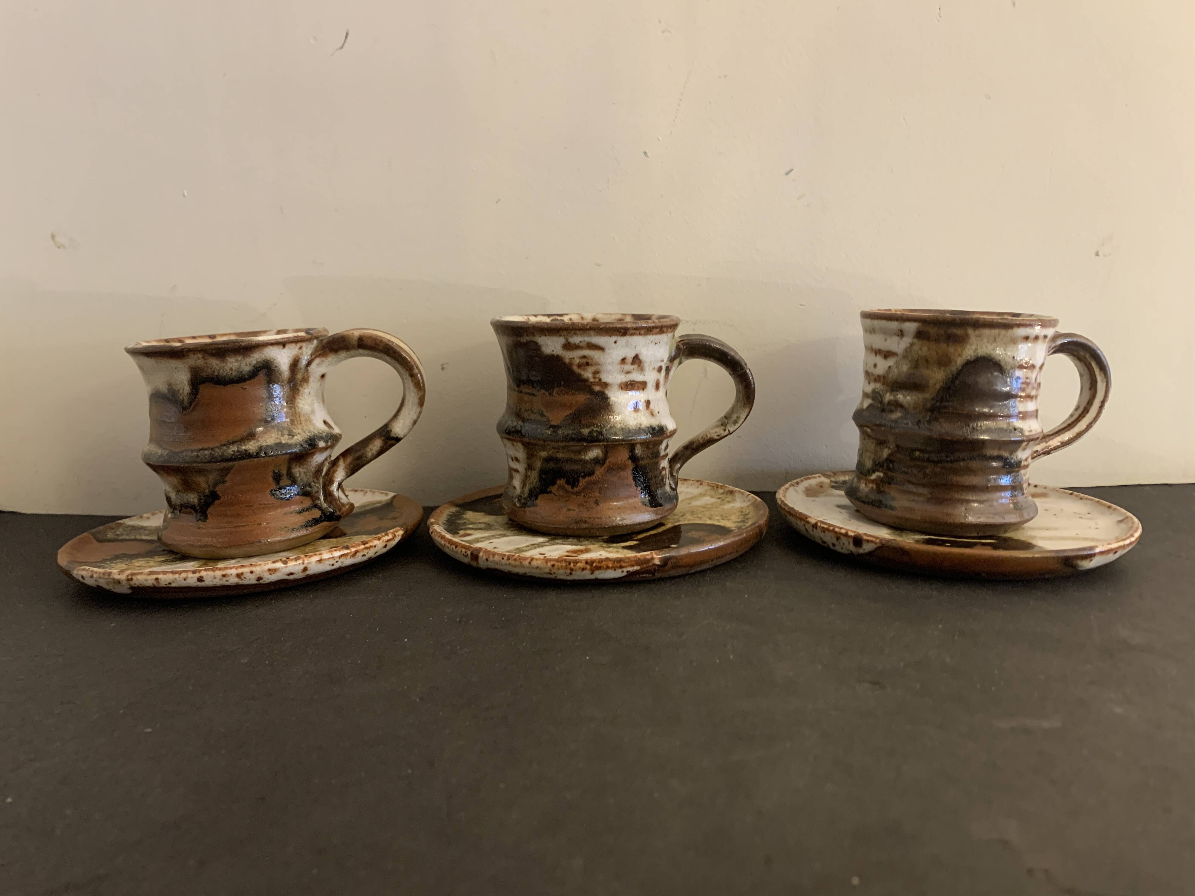 Set of 3 Danish Waldorff cups and 3 saucers in glazed stoneware