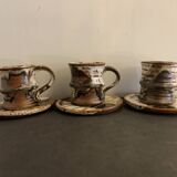 Set of 3 Danish Waldorff cups and 3 saucers in glazed stoneware