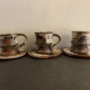 Set of 3 Danish Waldorff cups and 3 saucers in glazed stoneware