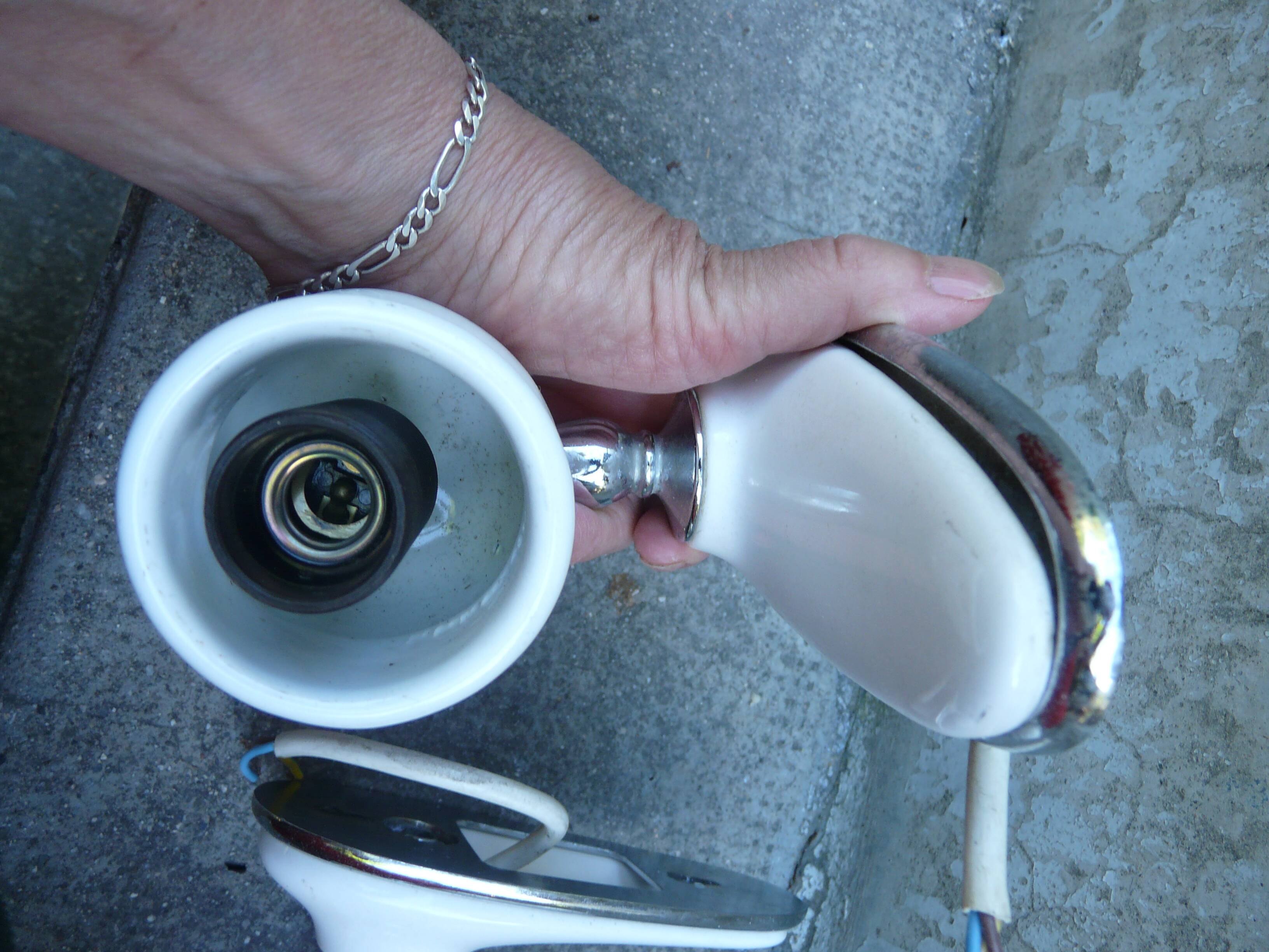 Pair of chrome and white ceramic wall lights