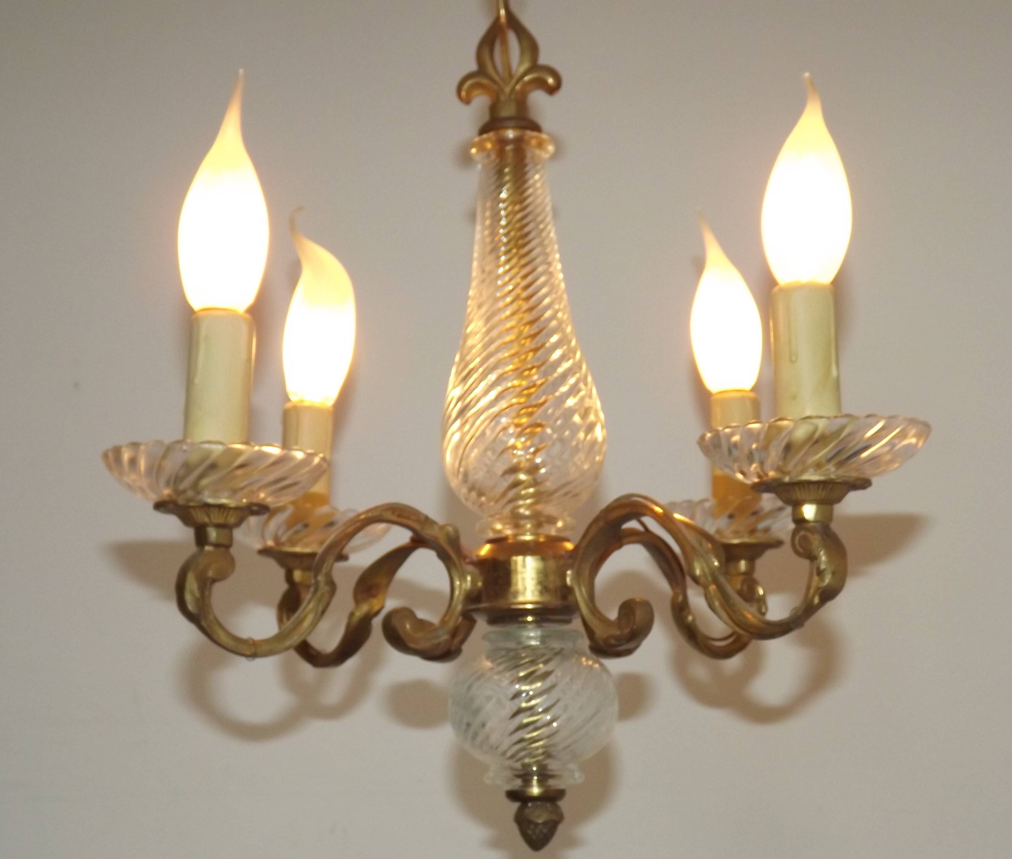Mid-Century Bronze & Cut Glass 4-Light Chandelier with Fleur-de-Lys Detail