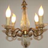 Mid-Century Bronze & Cut Glass 4-Light Chandelier with Fleur-de-Lys Detail