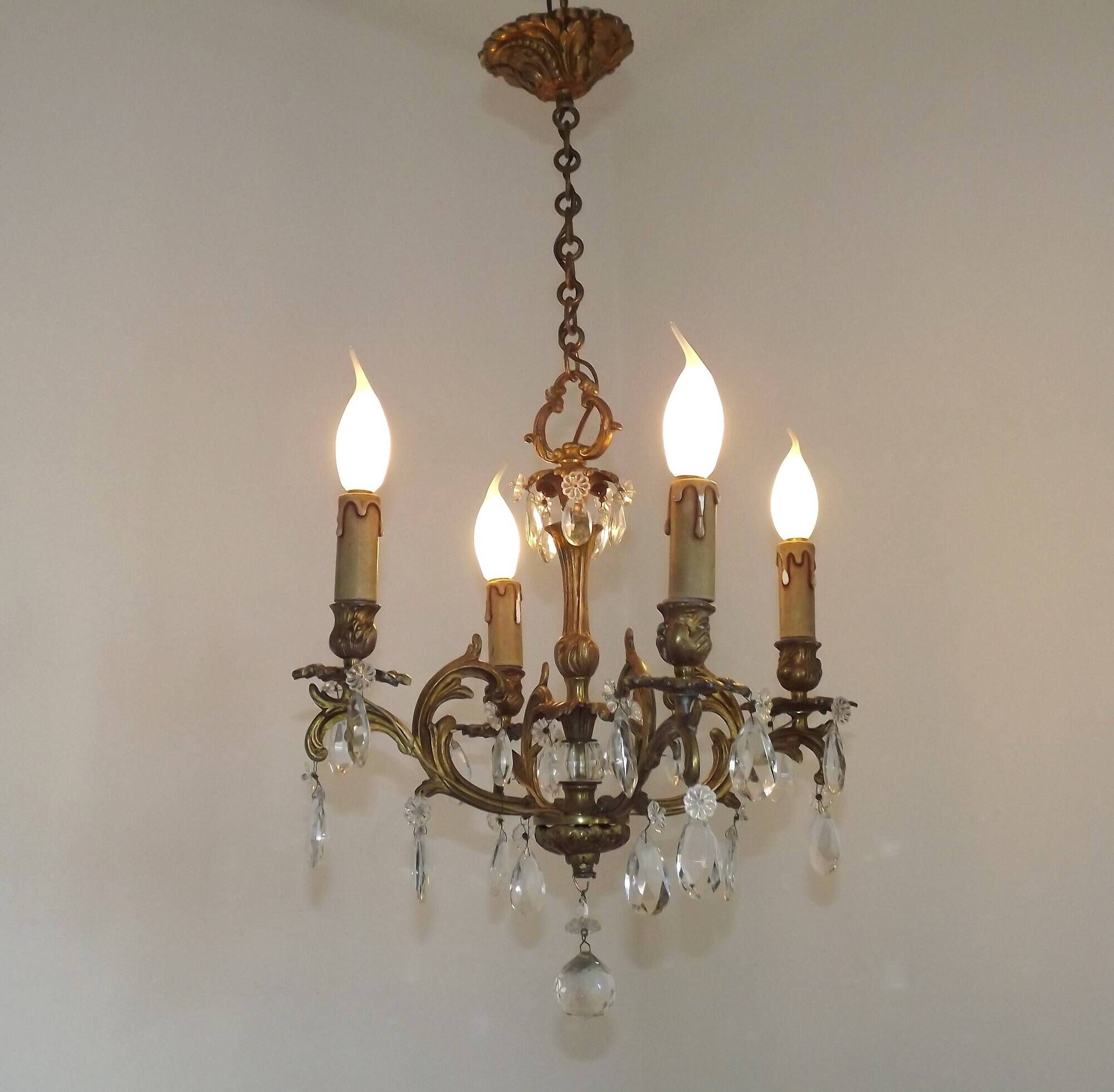 French Vintage Bronze and Glass 4 Light Art Nouveau Crystal Chandelier