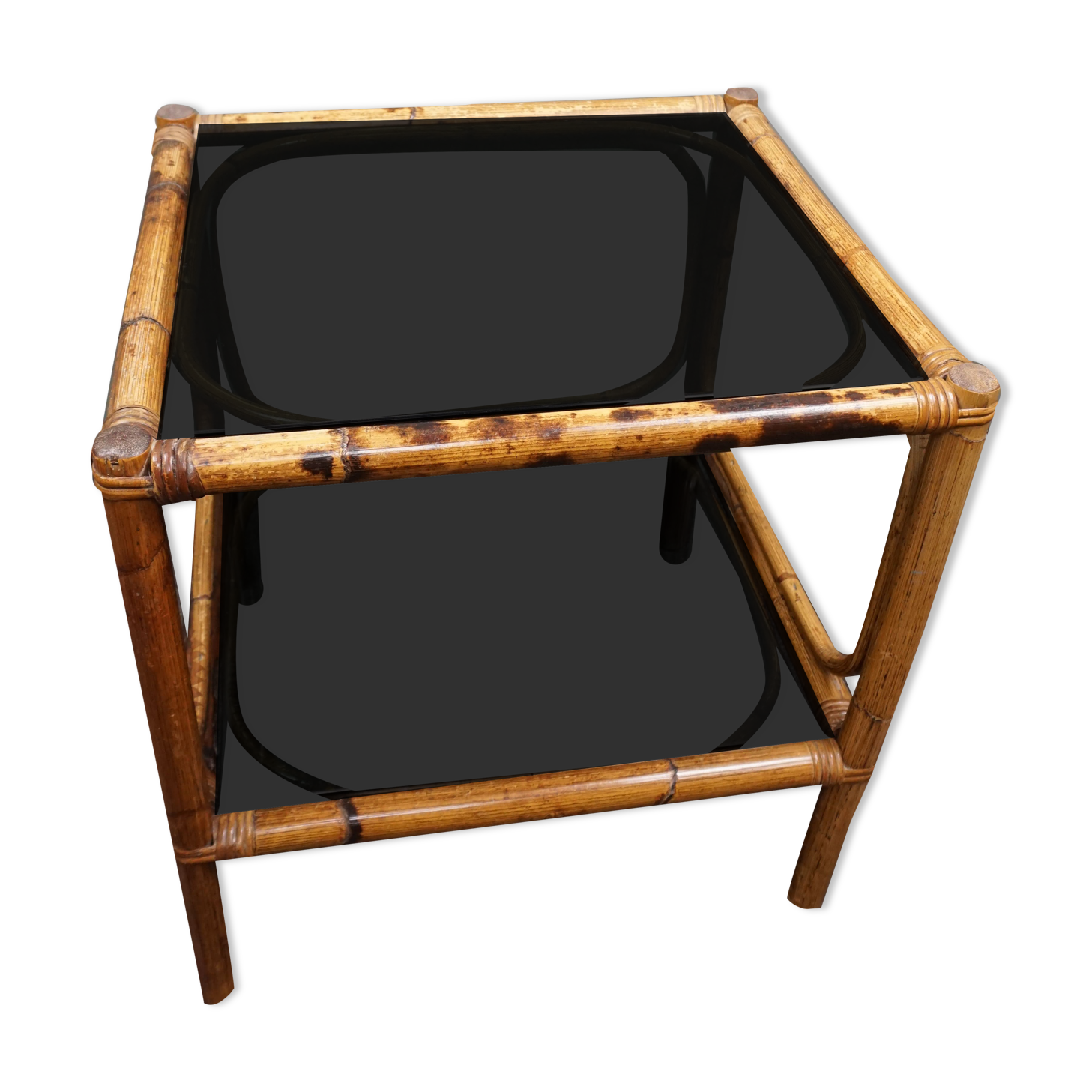 Rattan side table with smoked glass tops