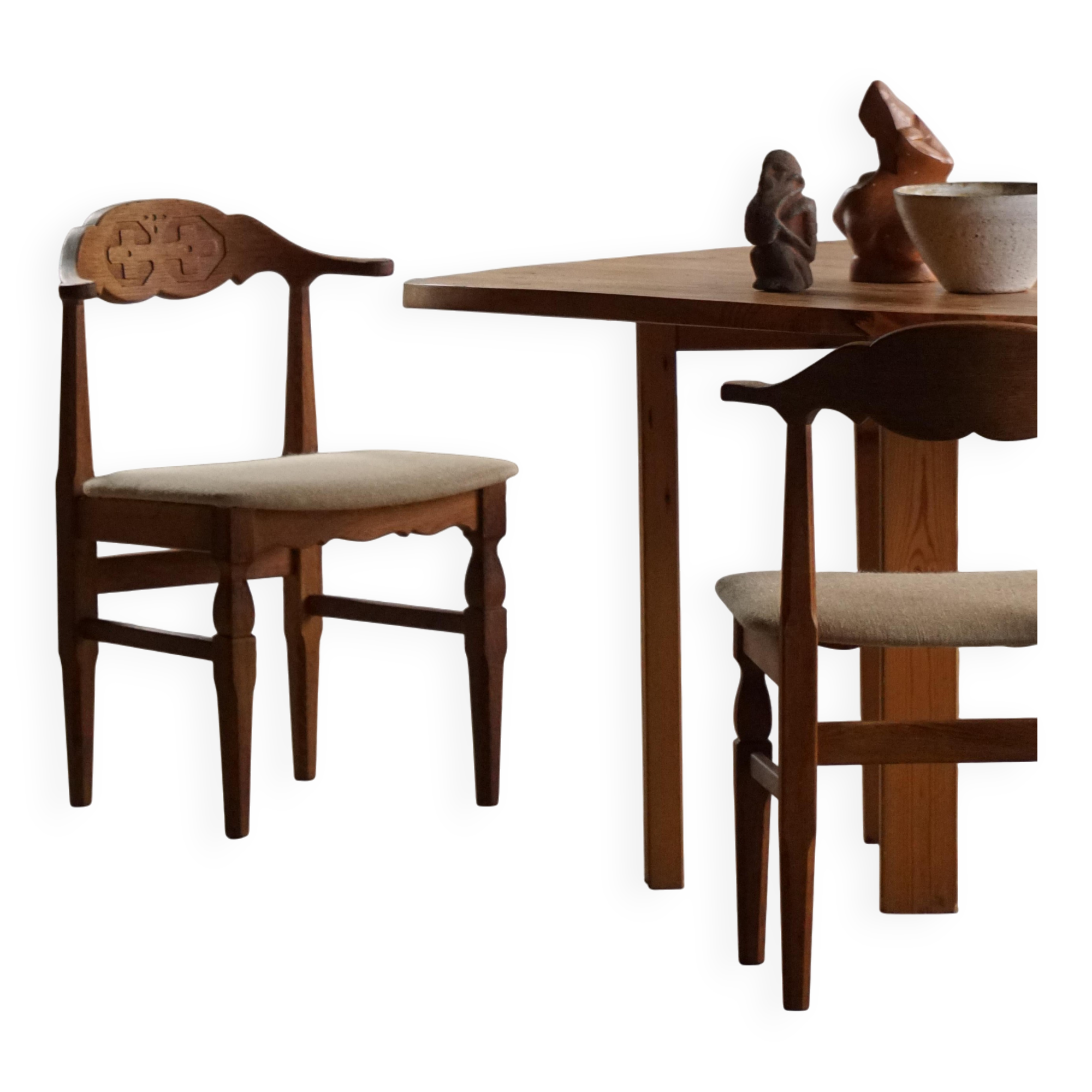 Henning Kjærnulf, set of 8 oak chairs with jute fabric, mid-century Danish, 1960s.