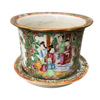 Cache-pot et sa soucoupe Canton porcelaine XIXe