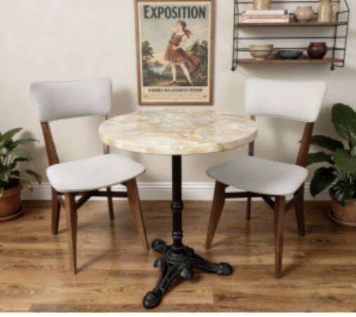 Pair of vintage chairs with upholstered backrest and seat, 1950s style.