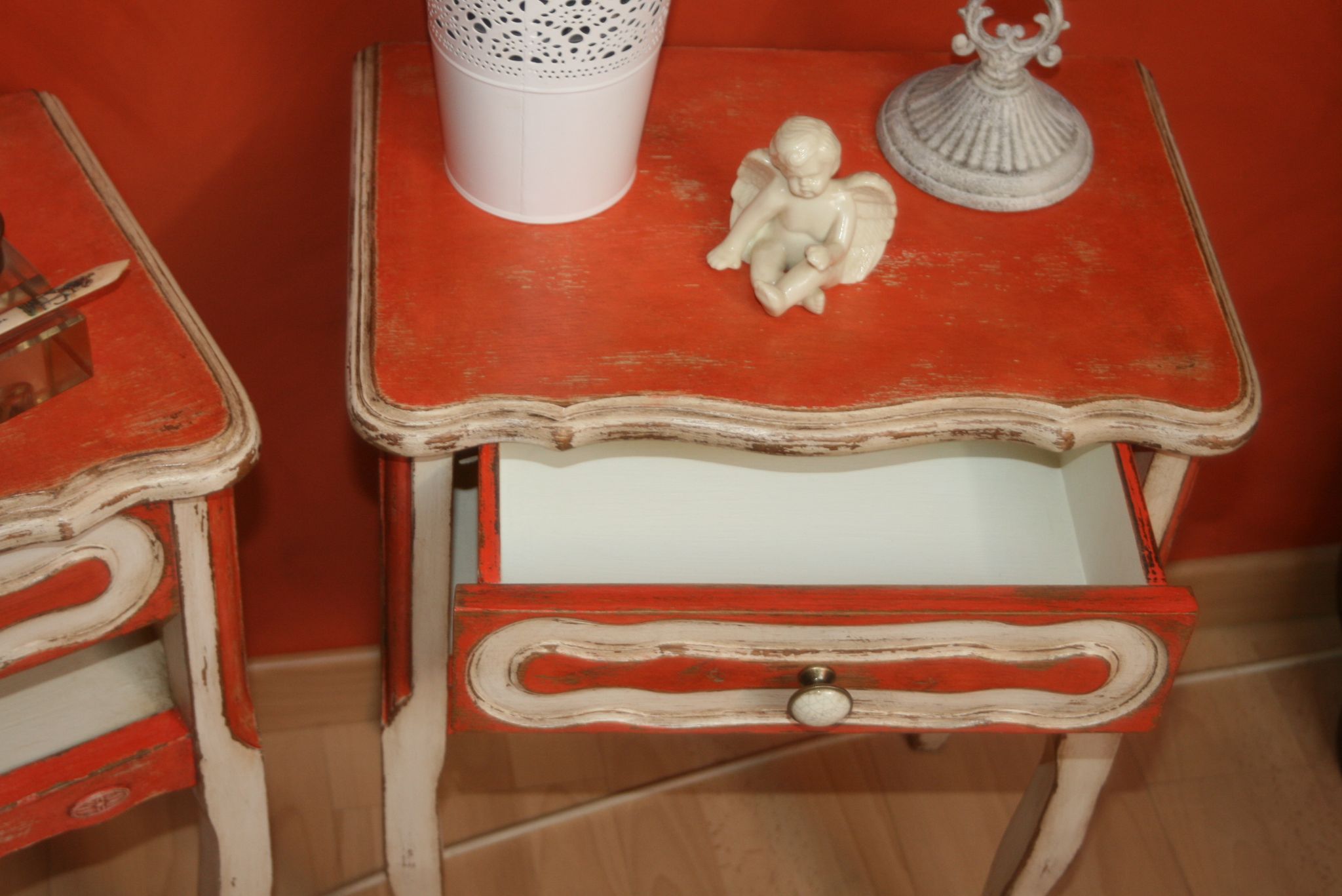 Pair of bedsides revamped red and white antique skated shabby