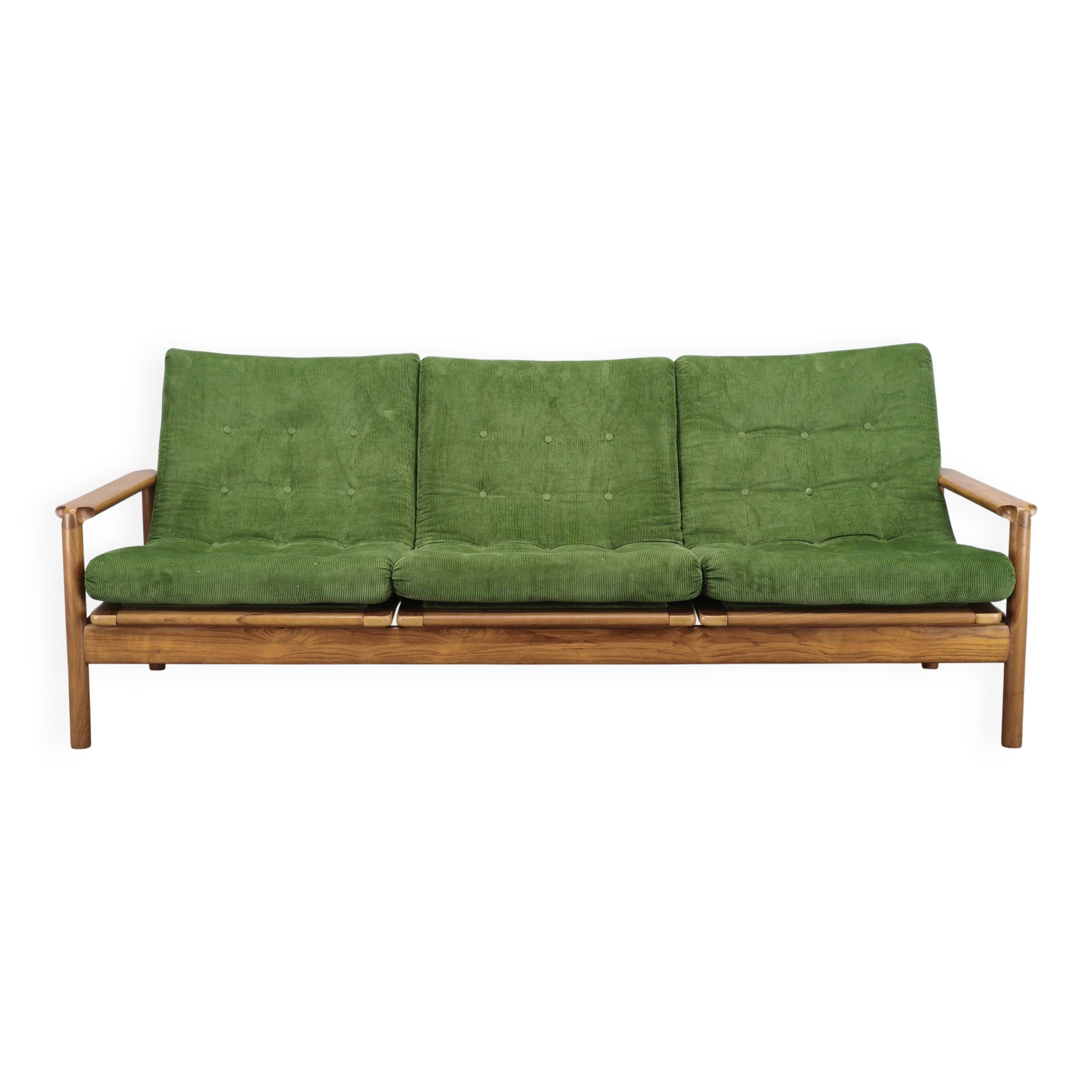 Danish Freestanding Teak Sofa in Green Corduroy, 1970s