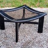 70s design coffee table in black lacquered wood with smoked glass top