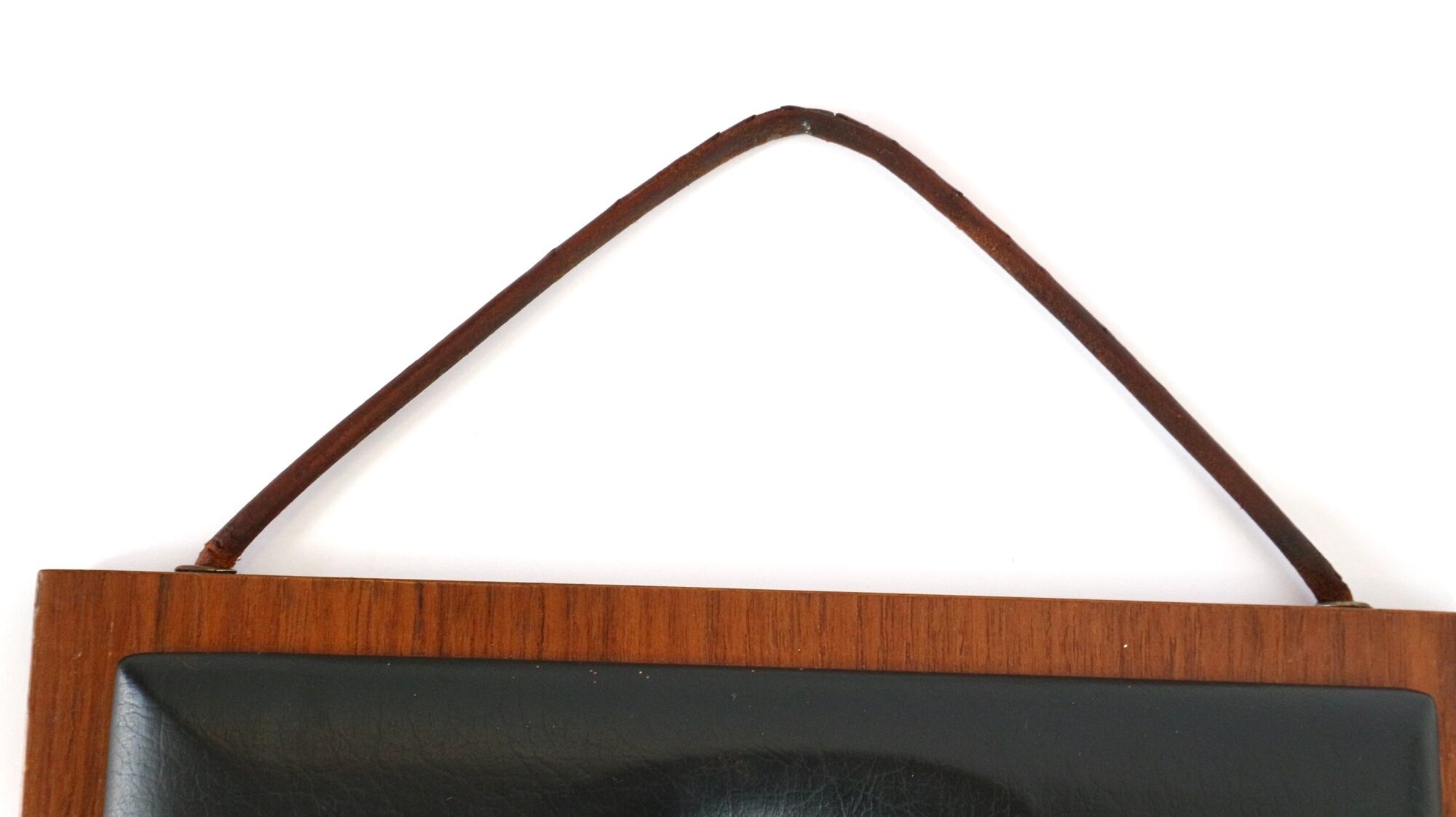Two coat hangers, wood, leather and black leather, 70s