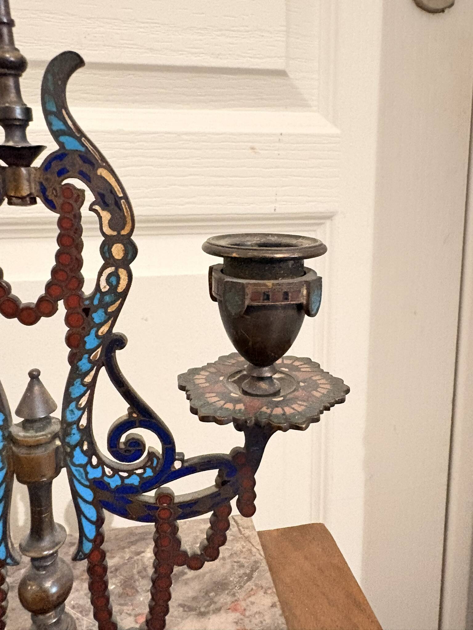 Pair of Candelabra Chandelier Champlevé Enamel Napoleon III Barbedienne
