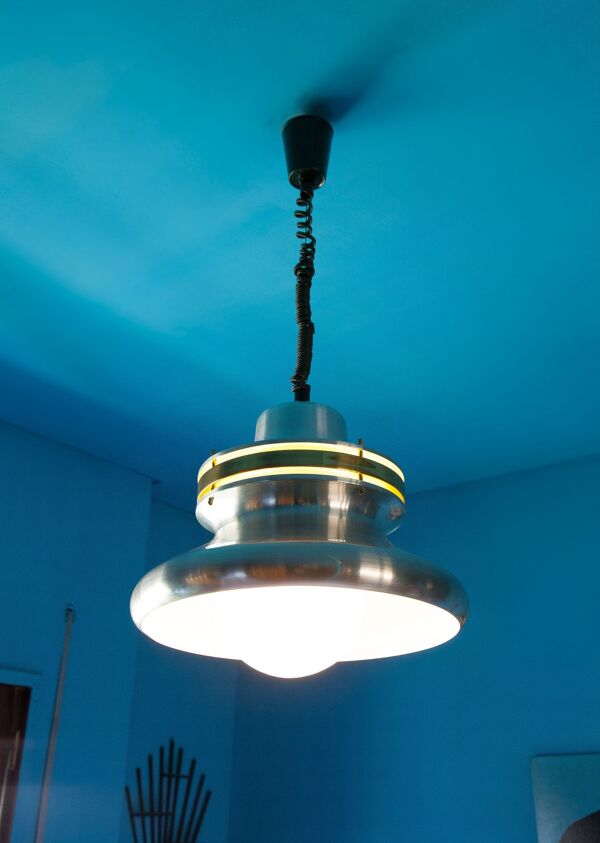 Suspension vintage, suspension aluminium chromé, lampe aluminium, système monte et descend,space age