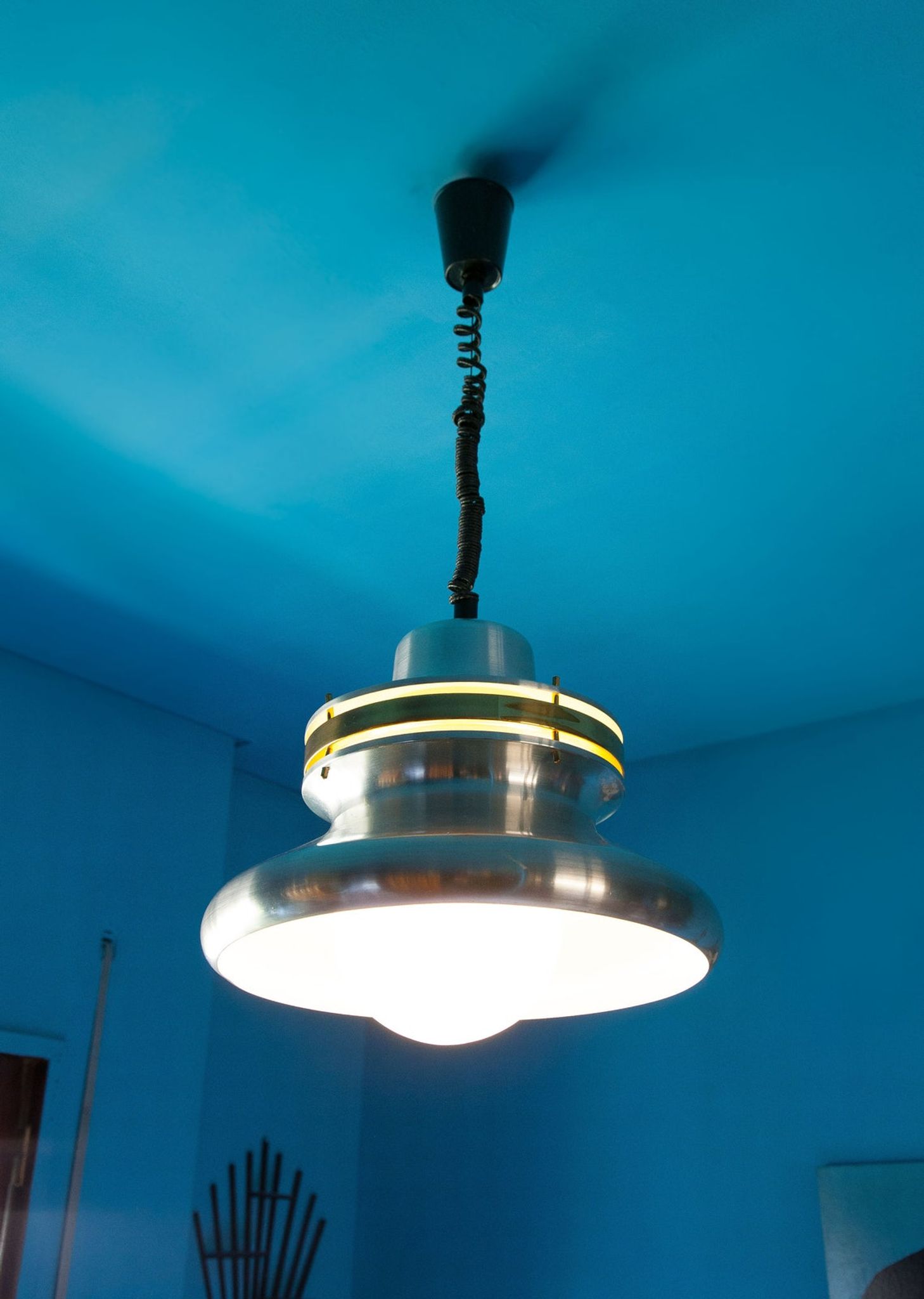Vintage pendant lamp, chrome aluminium suspension, aluminium lamp, up and down system, space age