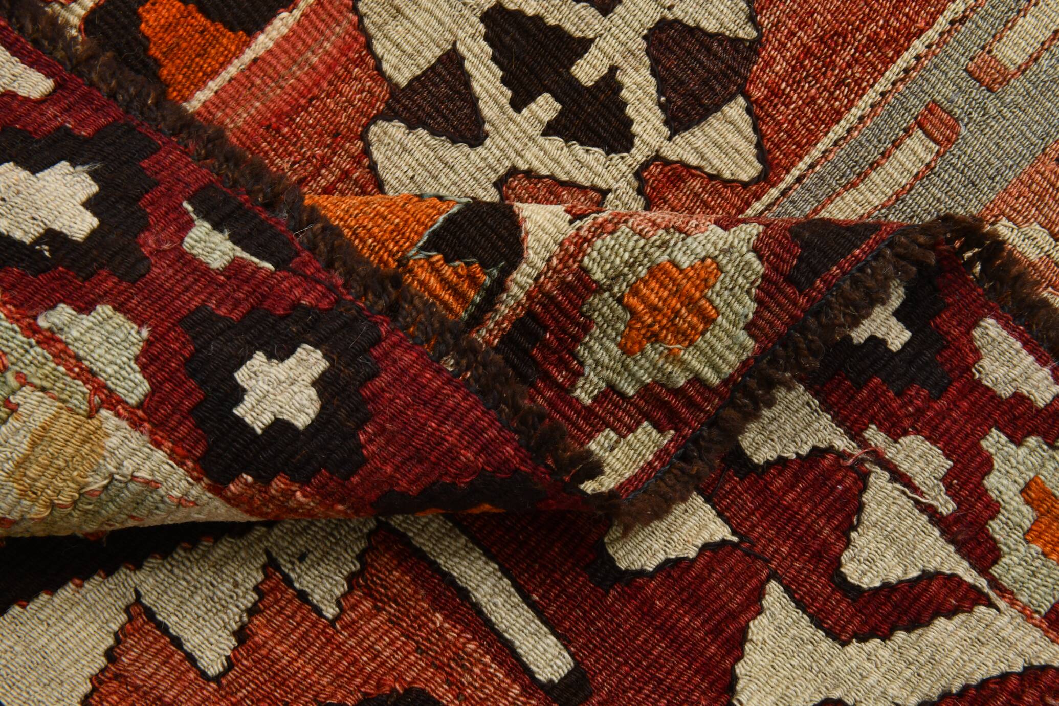 Light Green & Orange Tribal Turkish Kilim Rug, 141x305Cm