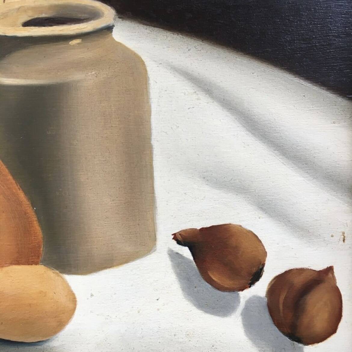 Still life painting of pots and vegetables