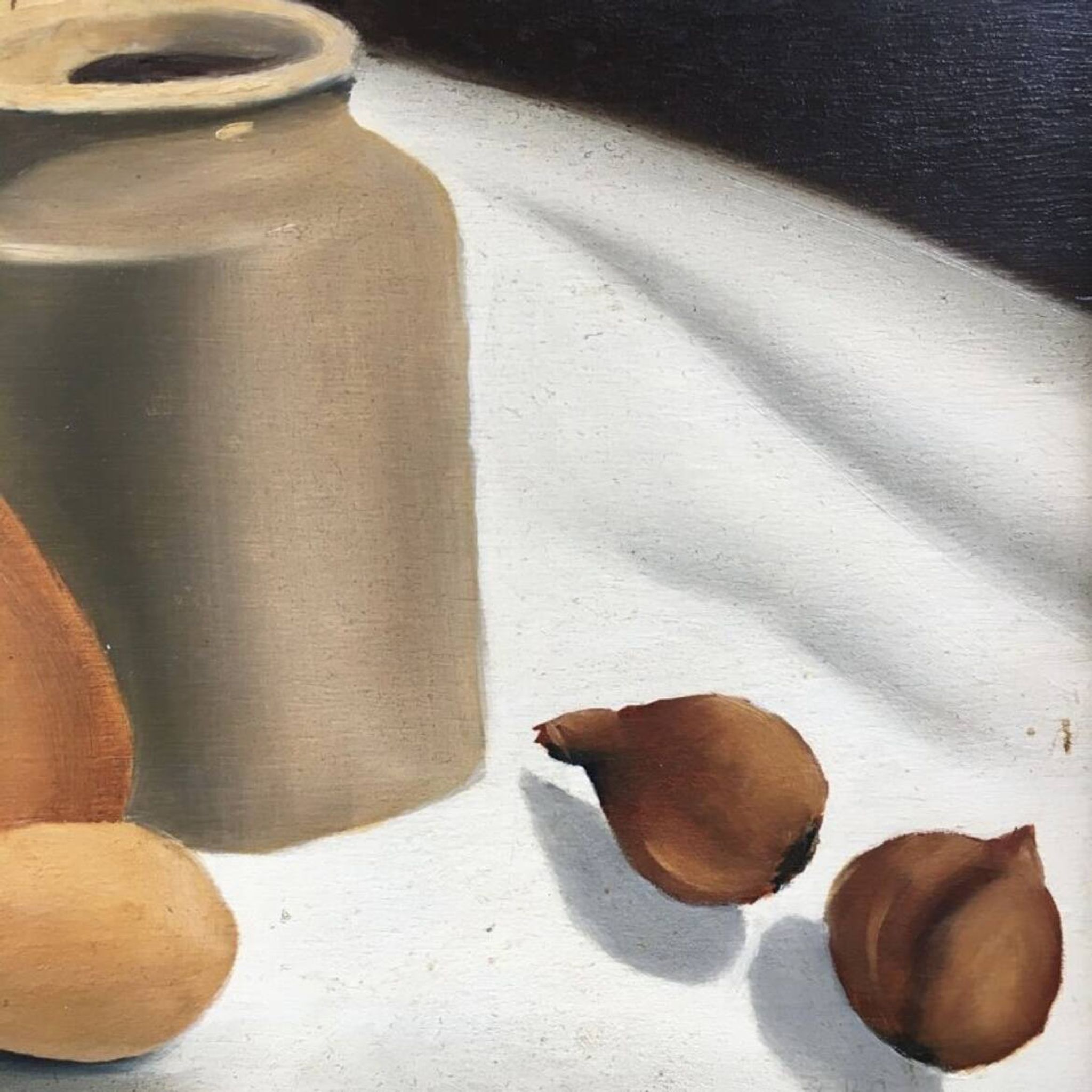 Still life painting of pots and vegetables