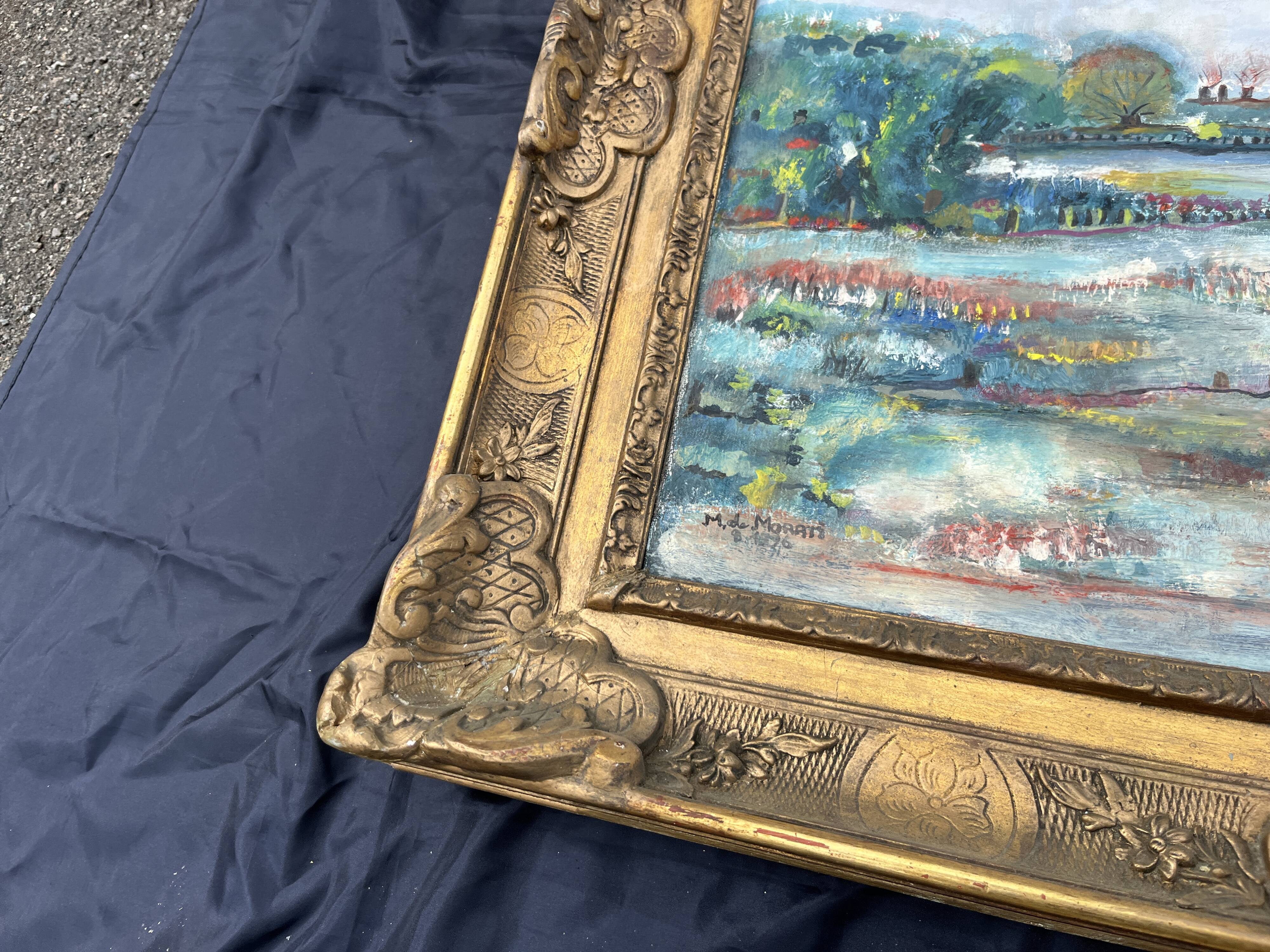 Very beautiful painting Landscape with reflections – M. de Moran 1996 with a 19th century frame