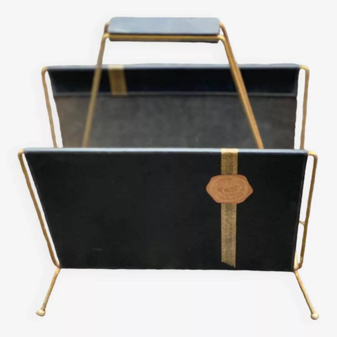 Vintage magazine rack in black leather and gold metal