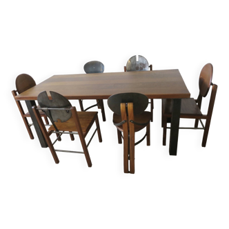 Table à manger et 6 chaises brutalistes en teck et acier patiné, années 1960