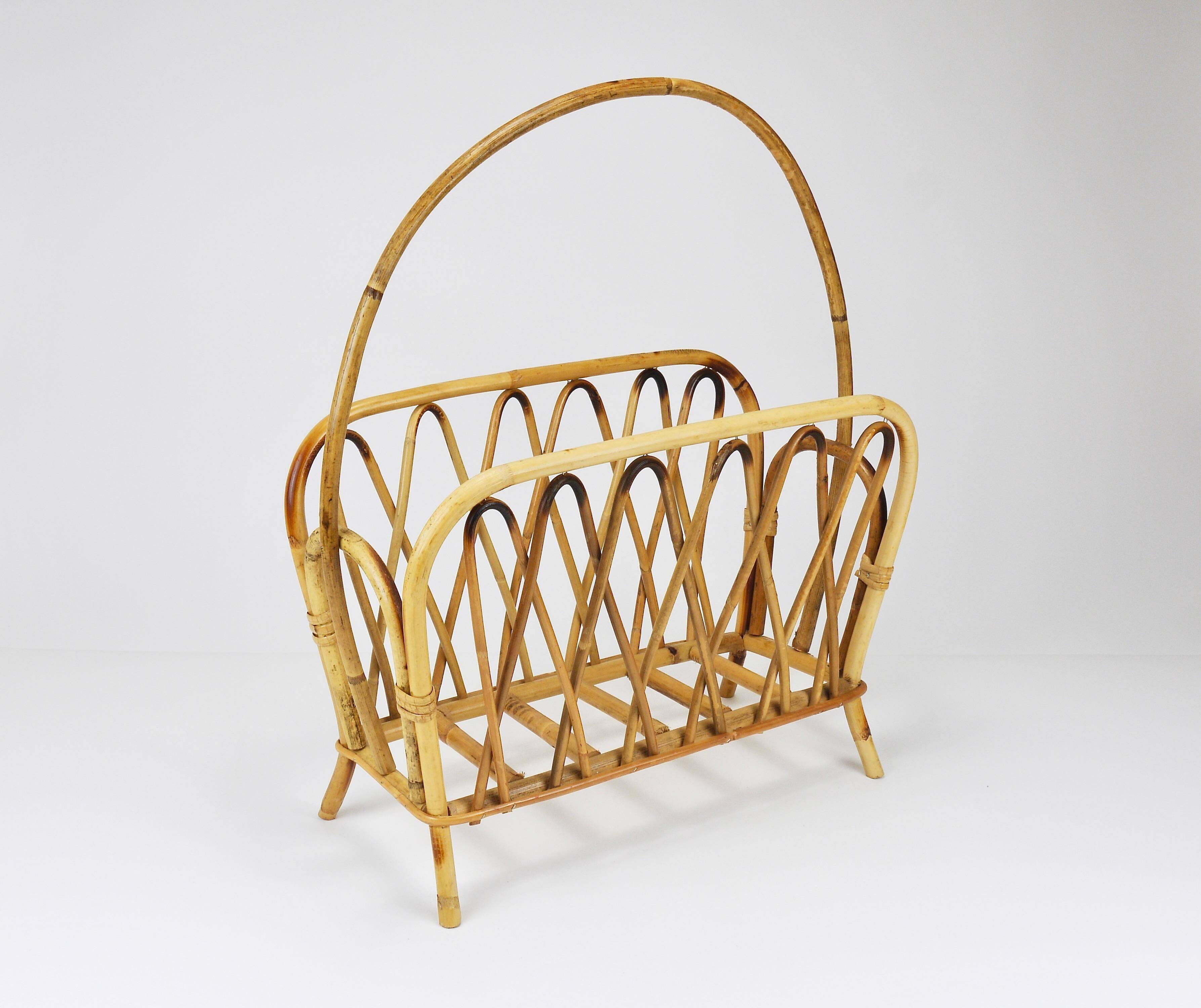 Bamboo and rattan magazine rack in the style of Franco Albini, Italy, 1970s.