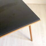 Folding Coffee Table "PLIDEAL" Beech & Black Faux Leather 50s Vintage