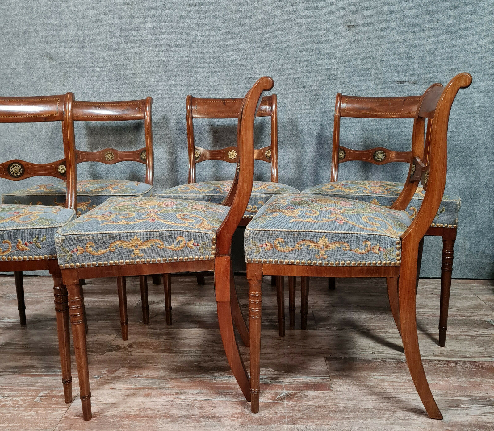 Series of 6 Napoleon III period chairs in mahogany and lemon fillets