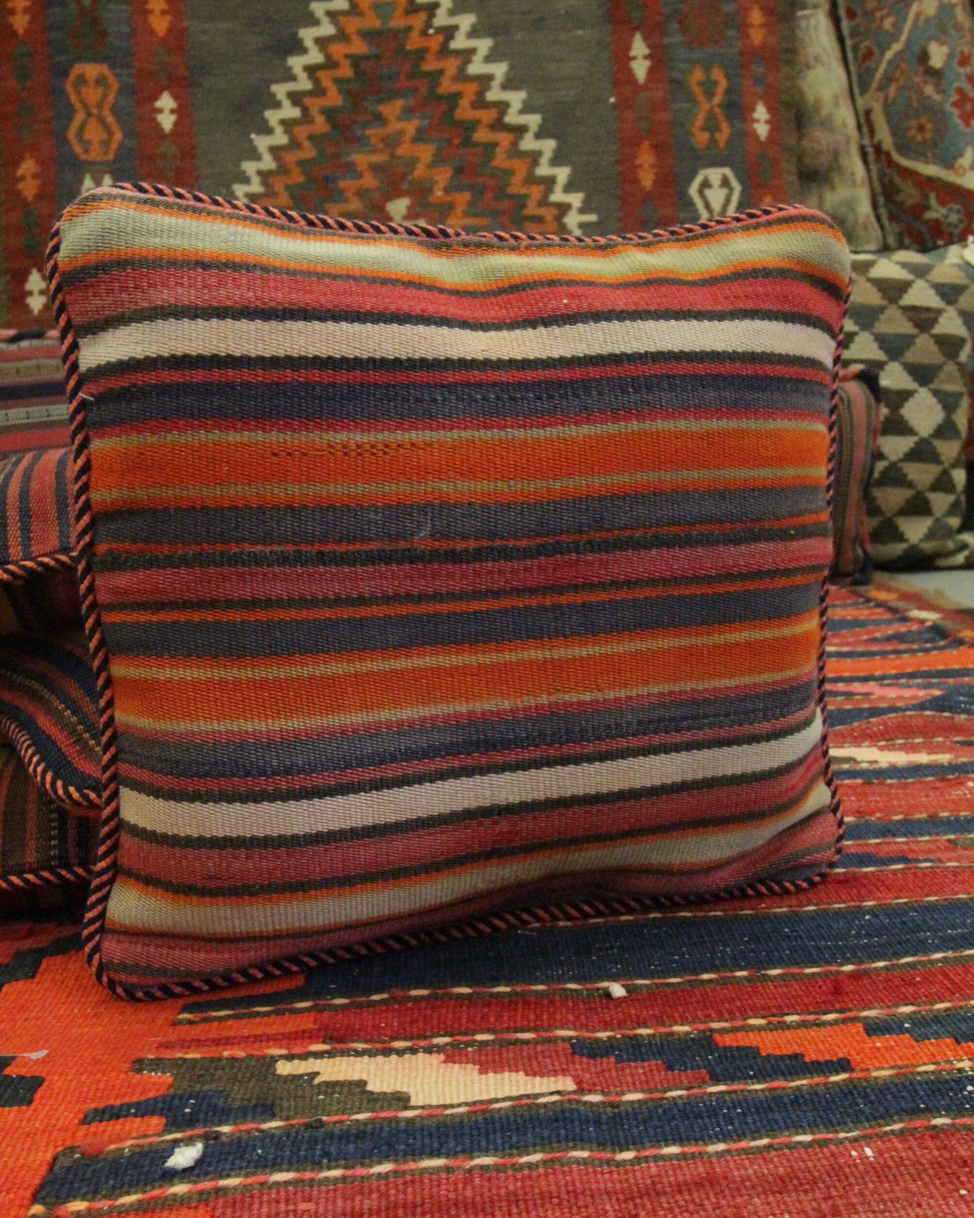 Striped Kilim Cushion Cover Handwoven Wool Scatter Pillow- 35x35cm