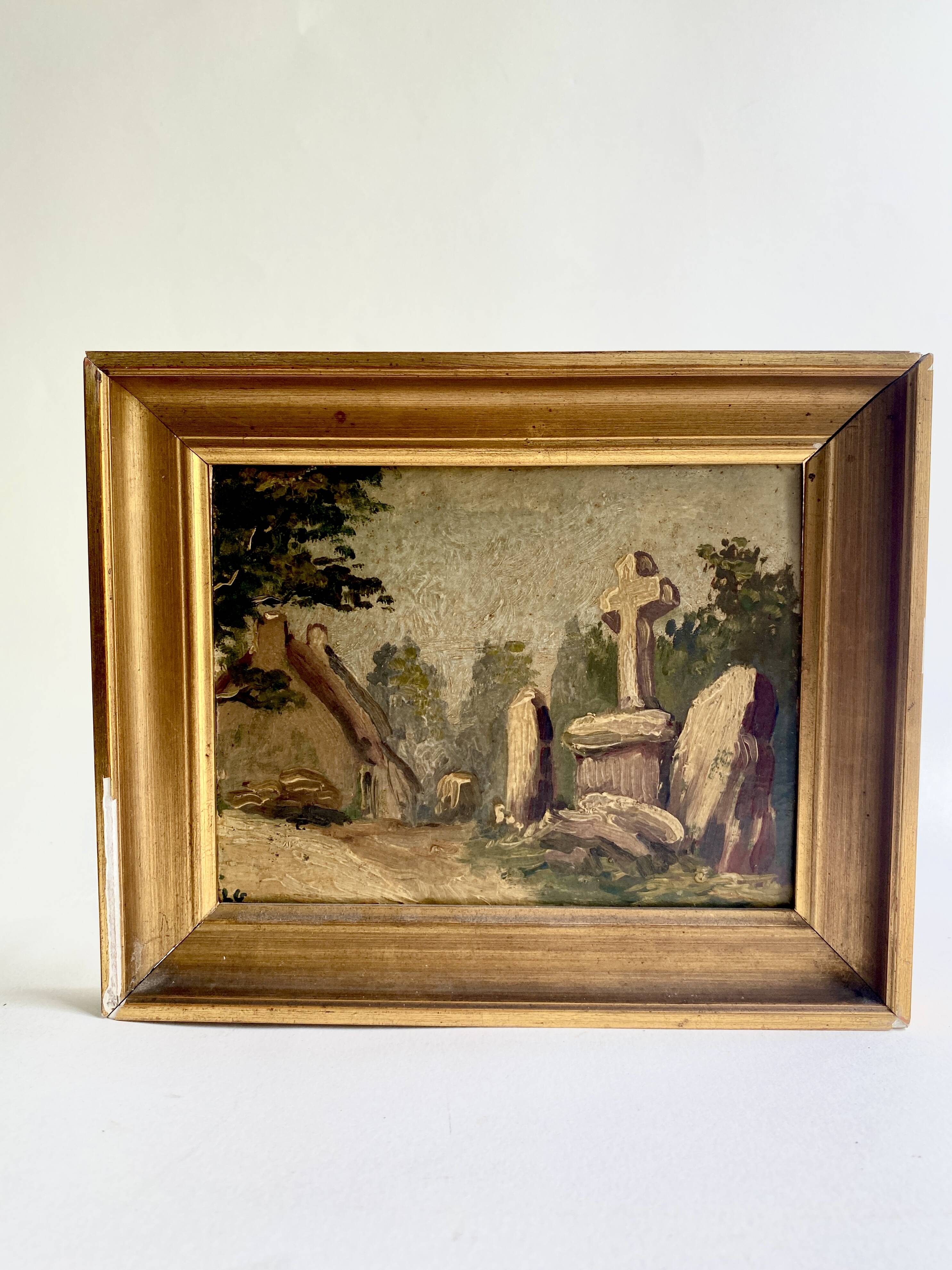 Oil on cardboard 19th century “the cross” wood and plaster frame