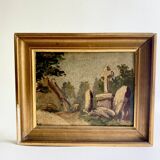 Oil on cardboard 19th century “the cross” wood and plaster frame