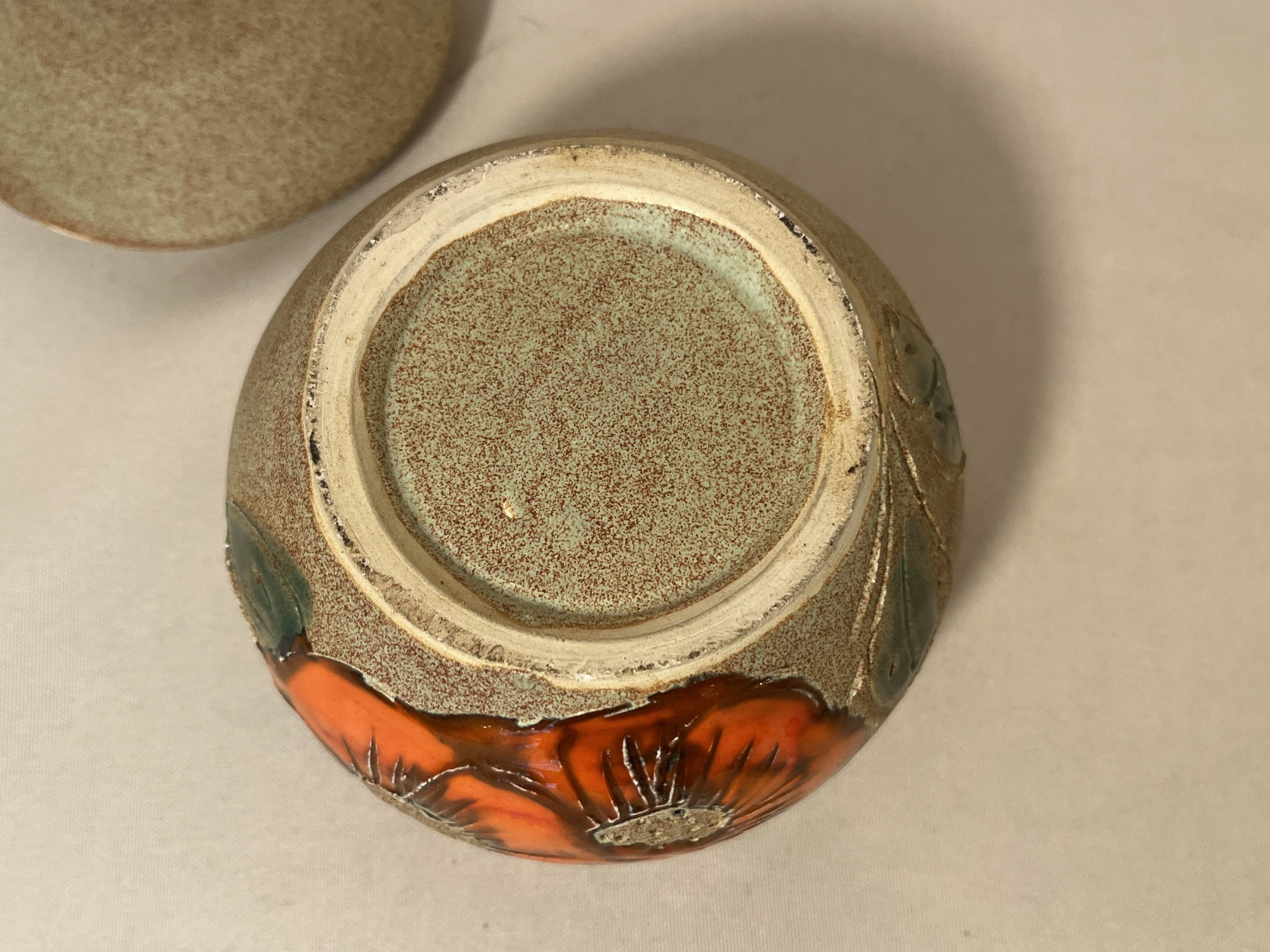 Beige ceramic candy box with orange flowers, vintage 1970s sugar bowl