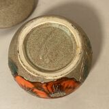 Beige ceramic candy box with orange flowers, vintage 1970s sugar bowl