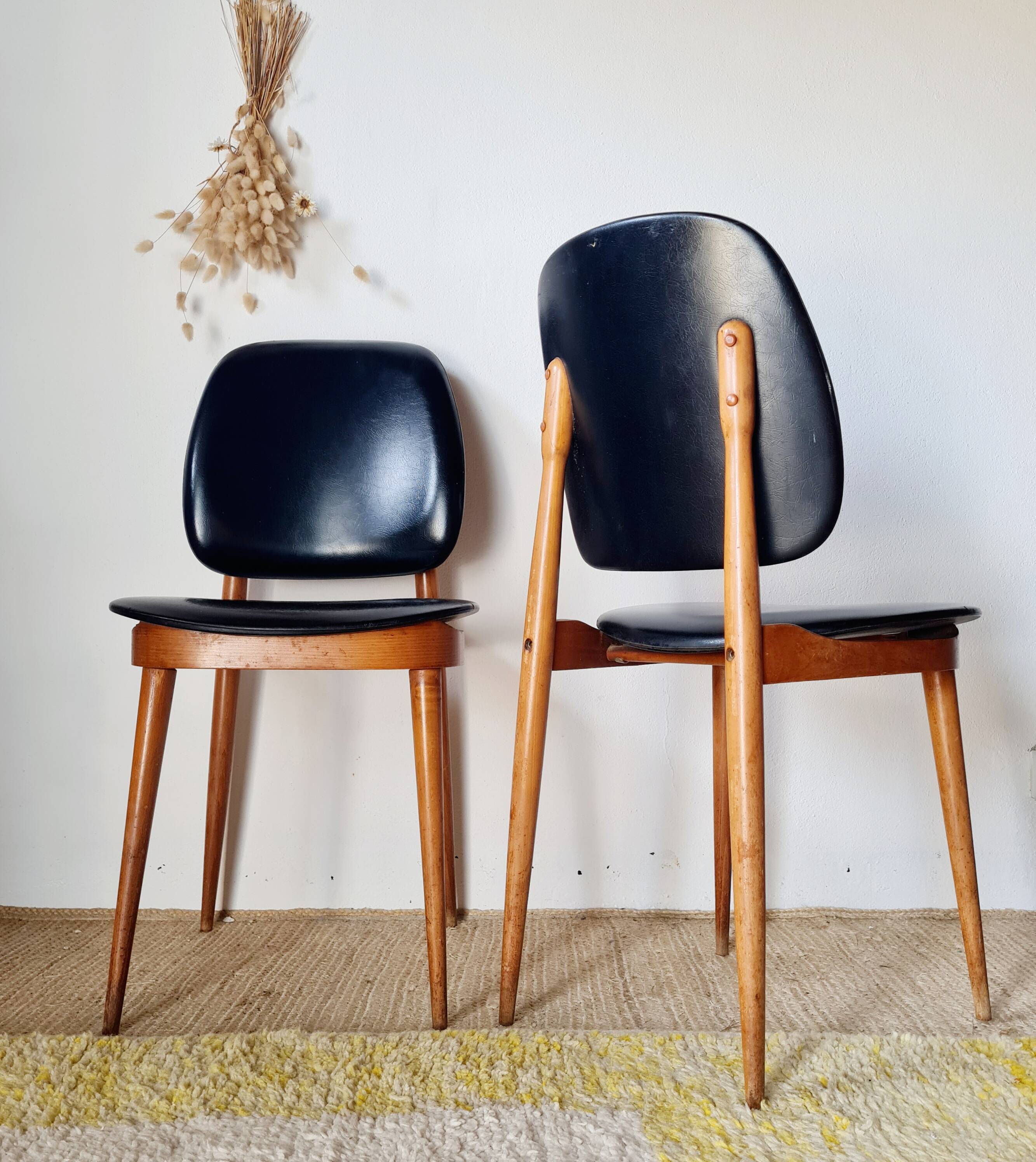 Pair of vintage 1960 chairs – Tapered legs & Black faux leather