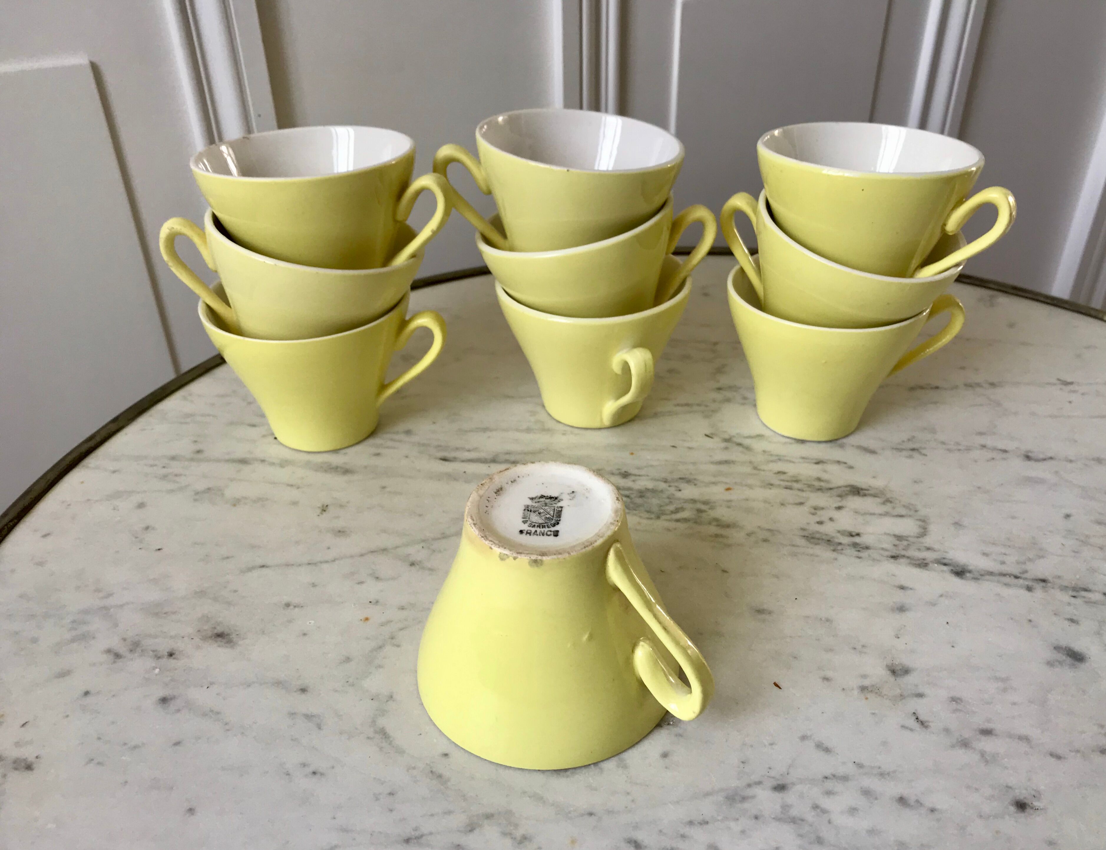 set of 10 coffee cups Digoin Sarreguemines pastel yellow color 50s