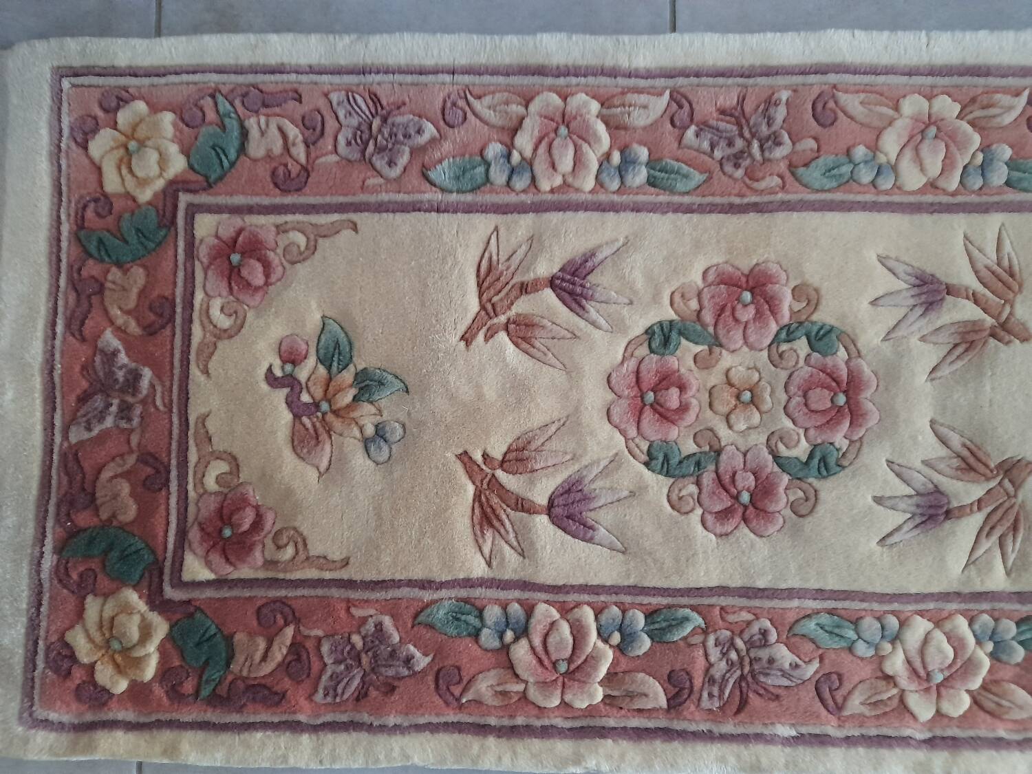 Vintage Chinese rug 120 x 60 cm with reliefs, Beijing flowers, handmade.