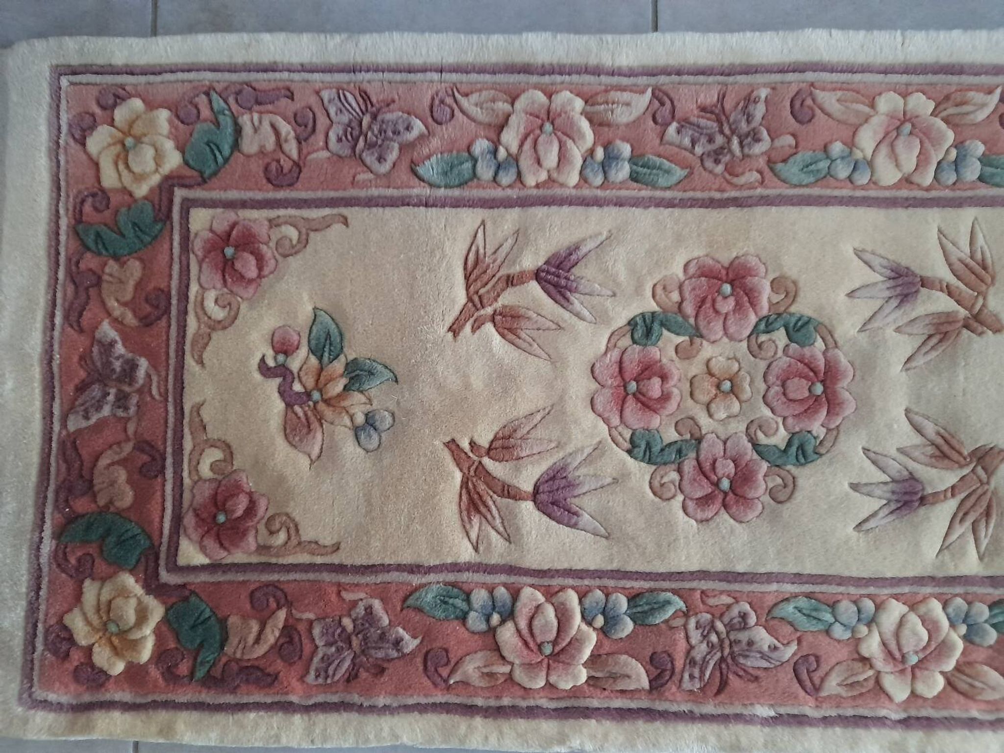 Vintage Chinese rug 120 x 60 cm with reliefs, Beijing flowers, handmade.
