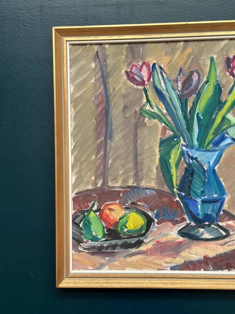 Original Swedish Oil on Canvas - 'Tulips' by Knut Lindström - Signed - Dated 1966 - Framed