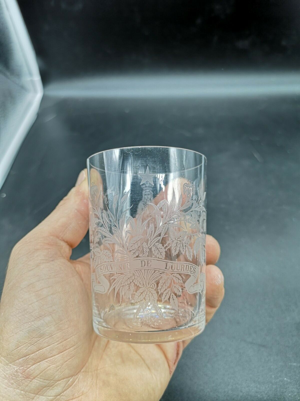 Lourdes souvenir cup engraved with acid