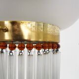 Art Nouveau style chandelier in brass with pendants and glass globe with 3 lights. Italy 70s 80s