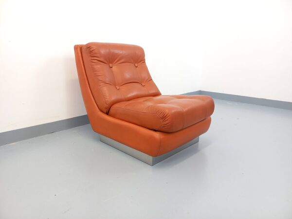 Fauteuil chauffeuse style Roche Bobois vintage en chrome et cuir tuile