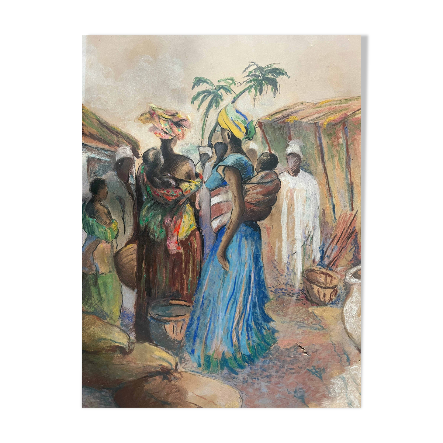 Orientalist Africanist painting "Market scene" Pastel mid 20th century