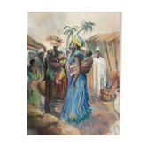 Orientalist Africanist painting "Market scene" Pastel mid 20th century