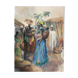 Orientalist Africanist painting "Market scene" Pastel mid 20th century